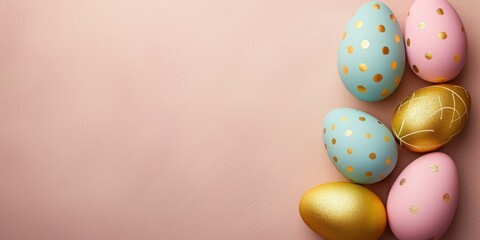 Fototapeta na wymiar Easter eggs on a pastel background. Minimalistic Easter banner with copy space.