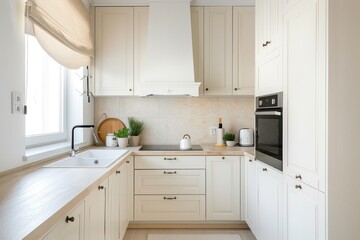 Classic Scandinavian minimalist kitchen in white and beige.