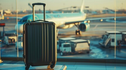 A black travel suitcase stands at the airport, an airplane is in the background. Tourism and travel...