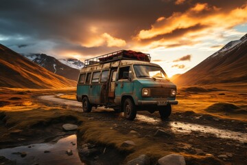 Old rusty blue camper parked on road in the mountains at sunset, summer travel concept