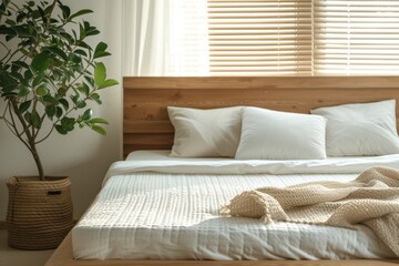 Interior design of a wooden bed with a soft white mattress and pillows. In a comfortable room