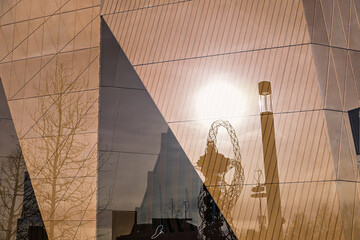 London, UK, 25 January 2024: Multiple exposure effect image. Modern architectural details East Bank and urban park, London