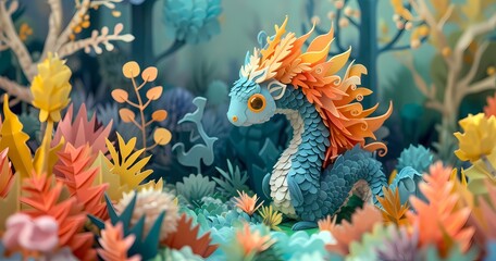 Fototapeta na wymiar Captivating creation of a vibrant dragon organism crafted from paper, swimming amongst a colorful reef of fish in an enchanting aquarium