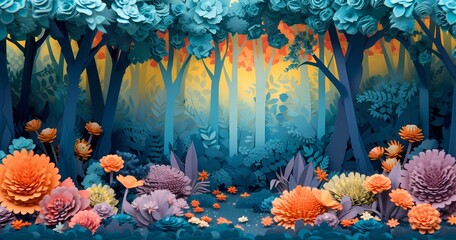 Obraz na płótnie Canvas A delicate and vibrant paper cut out of a reef filled with colorful flowers and trees, resembling a stunning painting in its intricate and artful design