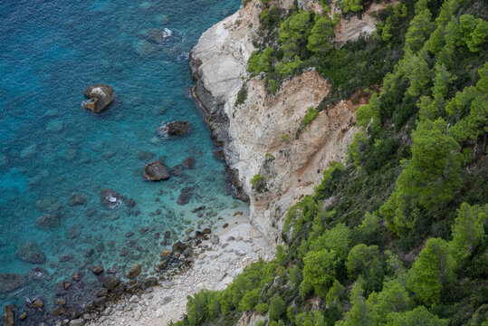 Wild cliffs of the western Zakynthos. Viewpoint of Cliffs of Kambi in Zakinthos Greece Island. Beautiful cliff coast on greek island.