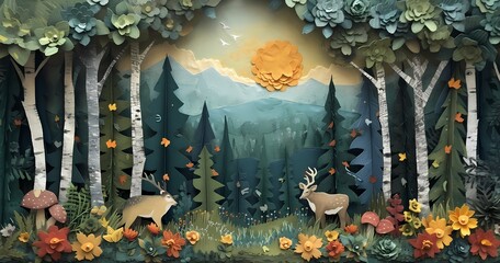 Fototapeta premium A delicate deer gracefully grazes amidst a vibrant painting of blooming flowers and lush plants, all crafted from intricately cut paper to bring the forest to life in a stunning work of art