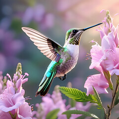 beautiful colorful hummingbird flying near pink flower against green natural background. close up....