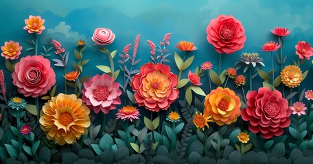 Vibrant garden roses bloom alongside delicate petals and leaves in a stunning paper floral painting