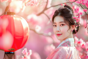 Obraz na płótnie Canvas beautiful korean model in traditional dress holding a big lantern, cherry blossom background