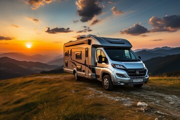 Modern camper parked in the mountains at sunset, with vibrant colors painting the sky