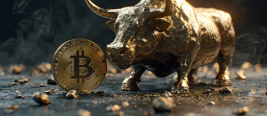 A majestic bull statue stands proudly on the ground, while a shiny bitcoin coin glints in the sunlight, representing the duality of traditional and modern forms of wealth and power in the animal king - obrazy, fototapety, plakaty