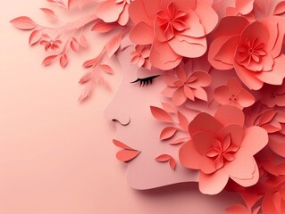 Illustration of face and flowers style paper cut with copy space for international women's day.