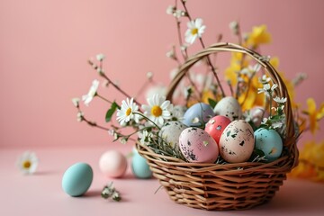 Obraz na płótnie Canvas Basket with colorful Easter eggs and blooming flowers 