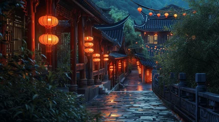 Photo sur Plexiglas Vieil immeuble A lantern-lit path leading to an ancient Asian building, the warm lights inviting modern travelers to explore the depths of tradition and culture