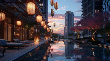 A contemporary cityscape at dusk, lanterns adding a touch of tradition to the modern buildings, a celebration of cultural harmony - obrazy, fototapety, plakaty