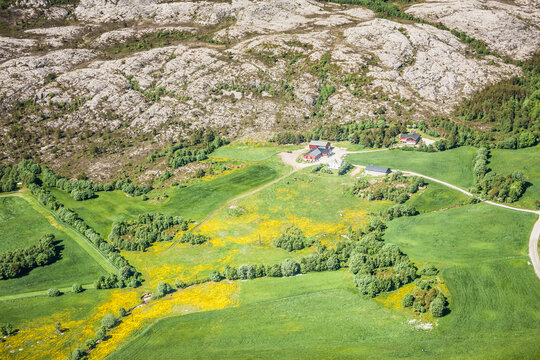 Aerial landscape image of Norwegian landscapes, lakes and fields. Norway