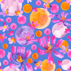 Fototapeta na wymiar Seamless pattern of watercolor colorful bright flowers, circles. Hand drawn illustration. Hand painted elements on blue background. For prints, wrapping paper, fabric design, packaging, wallpaper.