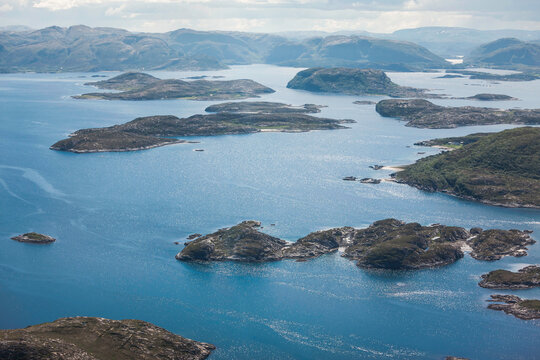 Aerial landscape image of Norwegian landscapes, lakes and fields. Norway