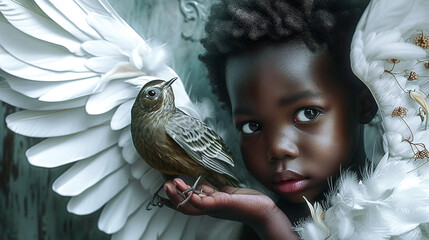 A cute black angel girl with white wings holds a gray little bird in her hands and looks at the...