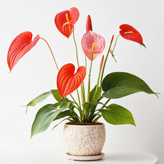 Obraz premium flamingo lily plant white flower pot Anthurium andraeanum isolated white background indoor plants
