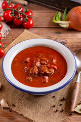 Goulash soup with beef and sweet pepper. Stew of meat and vegetables, flavored with paprika. Hungarian cuisine.