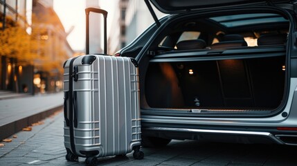 Suitcase in the trunk of a car, traveling by vehicle - obrazy, fototapety, plakaty