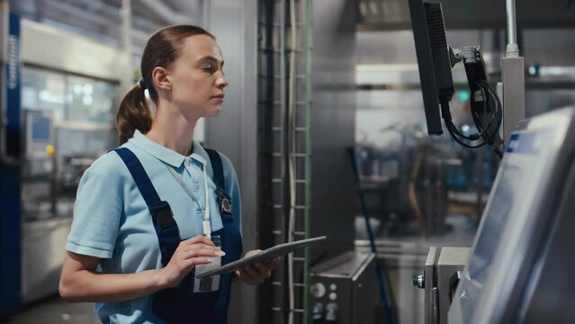 Medium side stab footage of female Caucasian production engineer working on tablet and adjusting manufacturing process on monitor at factory