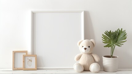 white rustic wooden blank frame mock-up on a white wooden baby shelve