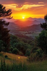 Fototapeta na wymiar A serene nature landscape with mountains, sunset, and lush greenery, capturing the beauty of the evening.