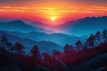 A mysterious mountain landscape at sunset with a forest, mist, and vibrant colors.