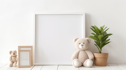 white rustic wooden blank frame mock-up on a white wooden baby shelve