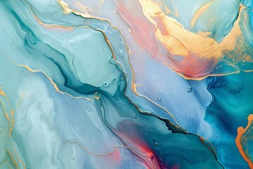 close-up of a painting or artwork that features a blend of colors with a fluid, almost watercolor-like effect - obrazy, fototapety, plakaty