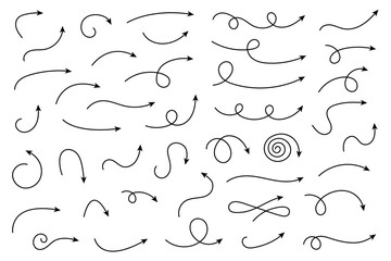 Collection hand drawn arrows. Set simple curved arrows isolated on white background. Collection of pointers. Vector illustration. - obrazy, fototapety, plakaty