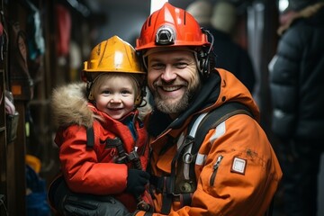 Obraz premium Father and son in helmets, close-up portrait of two builders at construction site