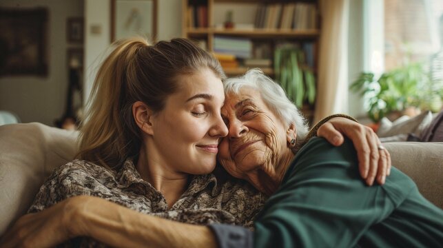 Young woman hugs her grandmother on the sofa at home. Caring for her elderly grandmother at home