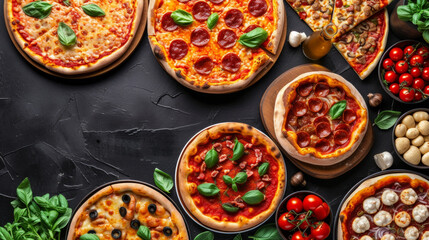 different pizza set for menu on the wooden table. Italian food traditional cuisine. Pizzas with salami, seafood, ham, bacon and olives, chicken and mushrooms and vegetarian, top view