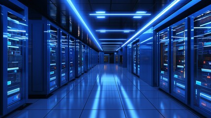 Fototapeta premium Datacenter Server Room with Blue Lights