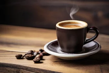  A cup of espresso coffee with smoke on top and coffee beans on a saucer. © Nutjaree
