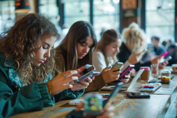 happy group of girl friends using cellphones at a coffee shop, social network addiction