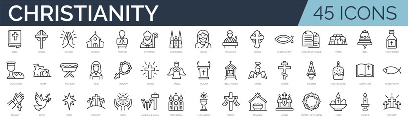 Set of 45 outline icons related to christianity. Linear icon collection. Editable stroke. Vector illustration - obrazy, fototapety, plakaty