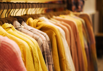 Colorful outerwear, a row of sweaters and knitted sweaters in yellow tones on hangers in a clothing store close-up, soft selective focus.