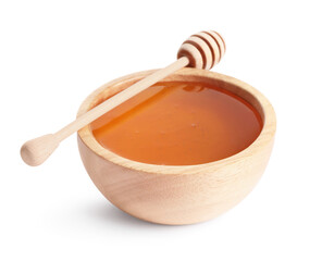 Tasty honey in bowl and dipper isolated on white