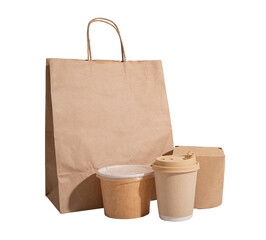 Food delivery package, kraft packs, bags, boxes, containers set isolated on white background