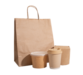 Food delivery package, kraft packs, bags, boxes, containers set isolated on white background