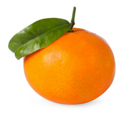 Fresh ripe tangerine with green leaf isolated on white