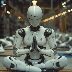 Fototapeta premium An android meditates sitting in a lotus position on a conveyor line at a robot factory