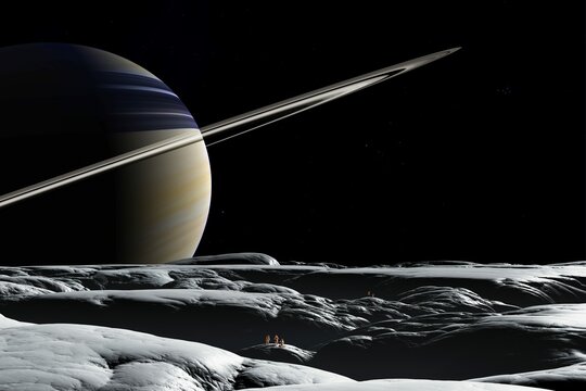 Tethys E.V.A.
Raumfahrer von der Erde erkunden eine zerkl&uuml;ftete Eislandschaft des Saturnmondes Tethys.