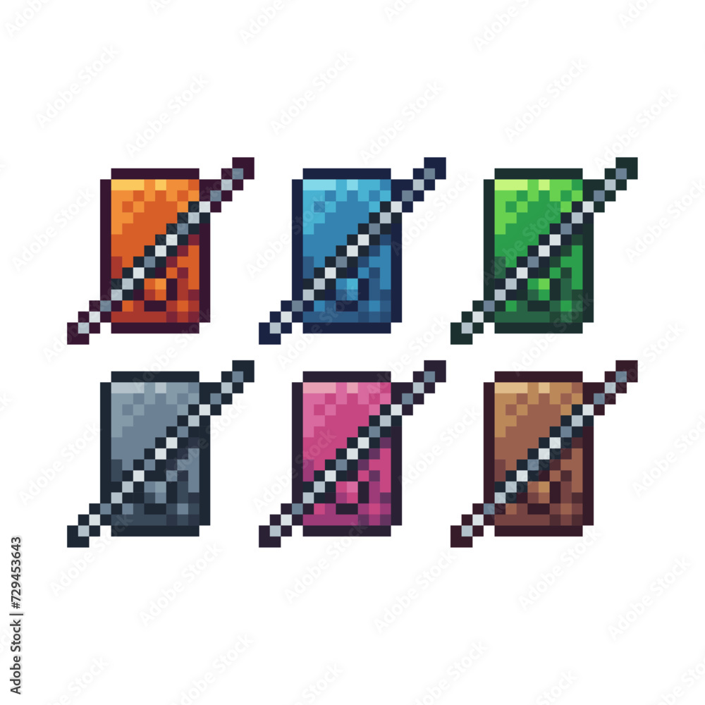 Poster pixel art sets icons of no handphone sign variations in color.restricted phone icon in pixelated sty