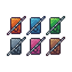 Pixel art sets icons of no handphone sign variations in color.Restricted phone icon in pixelated style. 8-bit Illustration,for design asset elements, game UIs, and mobile apps icon collection.