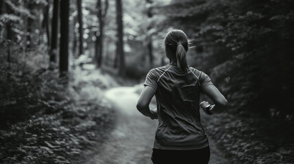 back view of sporty woman running on a forest running track